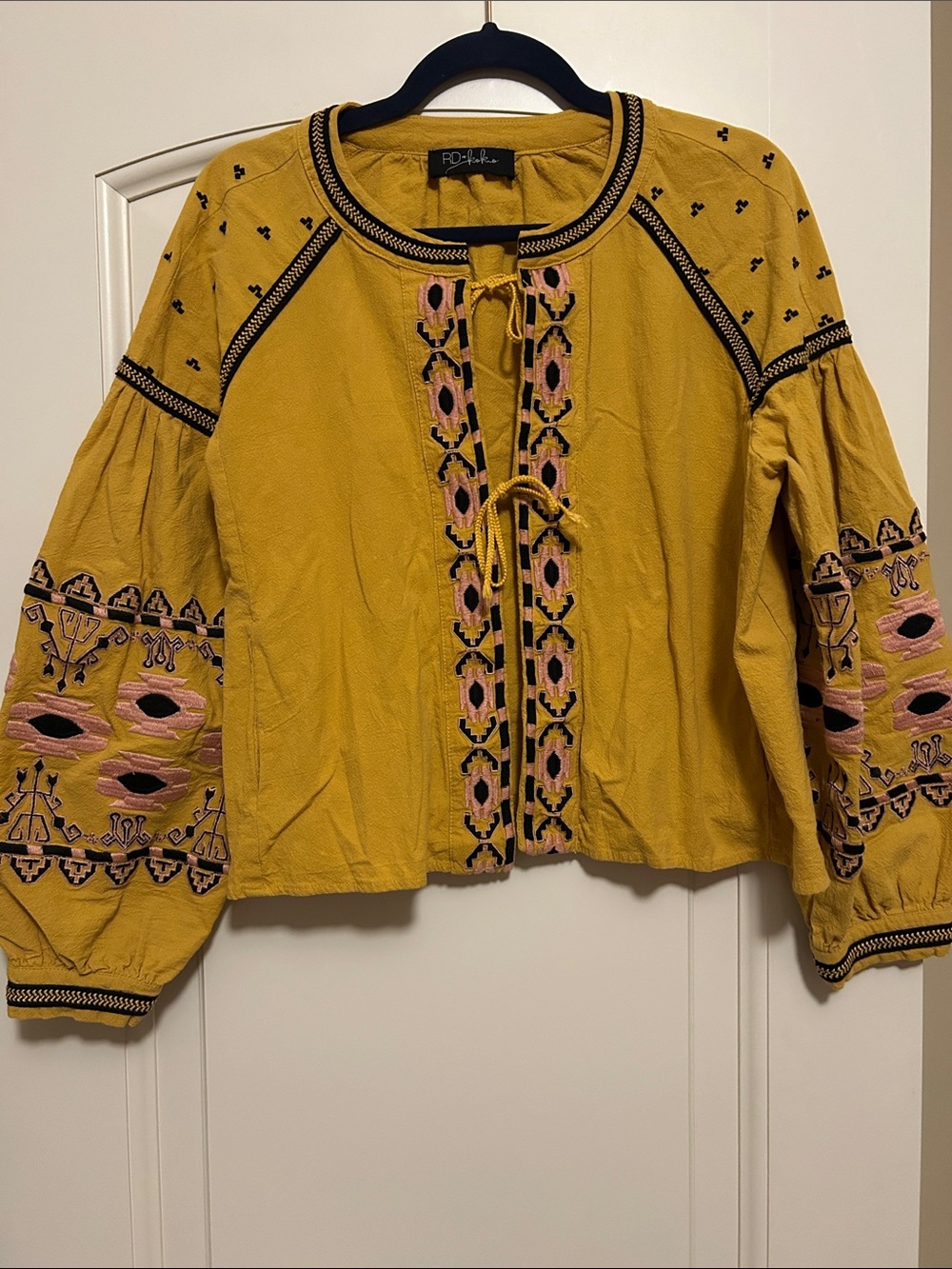 RD Style Mustard Embroidered Tie-Front Bomber Jacket